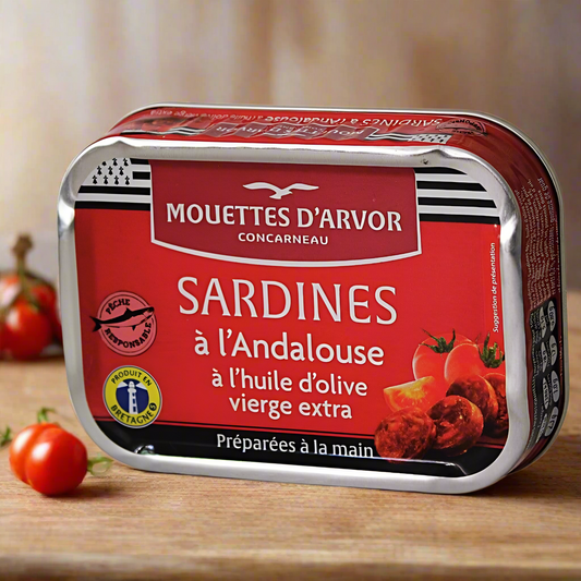 Sardiner "à l'Andalouse" med chorizo ​​og tomat